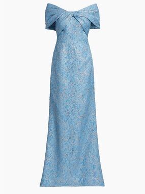 Teri Jon Textured Mermaid Stunning Blue Off-Shoulder Jacquard Gown Like New
